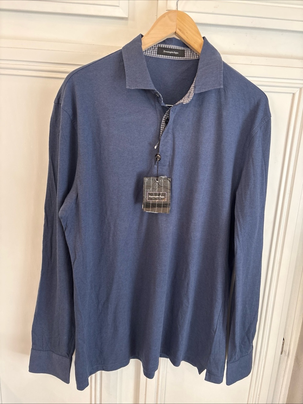 NWT Ermenegildo Zegna  Blue Cotton Cashmere Long Sleeve Polo Shirt XL 54 Italy